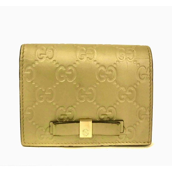 Gold GUCCI Ssima Ribbon GG Logo Leather Bifold Wallet - Picture 1 of 7
